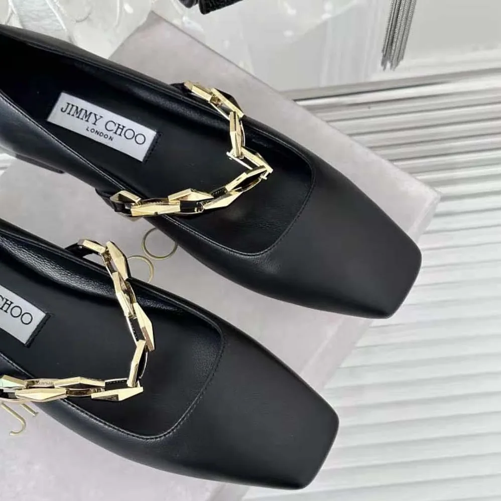 Jimmy Choo Diamond Tilda Flat Black Nappa Leather Flats with Chain for Women in Black Jimmy Choo Diamond Tilda Flat Black Nappa Leather Flats with Chain for Women in Black