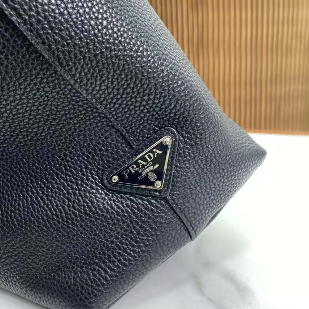 Prada Leather Tote with Enameled Metal Triangle Logo for Men in Black Prada Leather Tote with Enameled Metal Triangle Logo for Men in Black