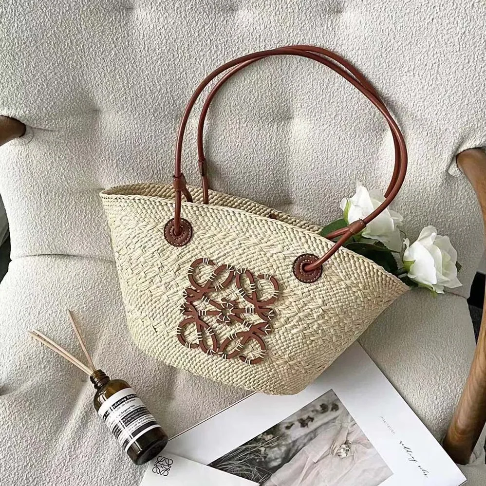 Loewe Small Anagram Basket Bag in Iraca Palm and Calfskin for Women