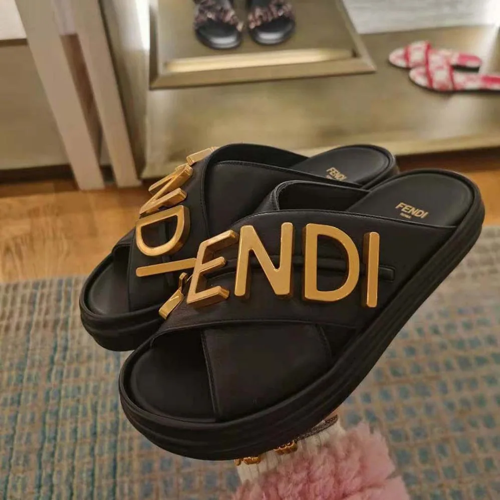 Fendi Fendigraphy Black Leather Slides for Women Fendi Fendigraphy Black Leather Slides for Women