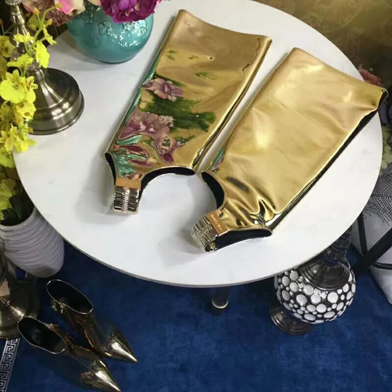 Jimmy Choo Shoes Hurley 100 Gold Liquid Mirror Leather Two for Women in Piece Knee High Booties Jimmy Choo Shoes Hurley 100 Gold Liquid Mirror Leather Two for Women in Piece Knee High Booties