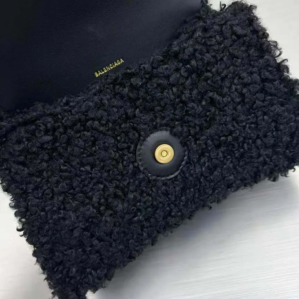 Balenciaga Furry Hourglass Small Handbag with Strap in Black for Women Balenciaga Furry Hourglass Small Handbag with Strap in Black for Women