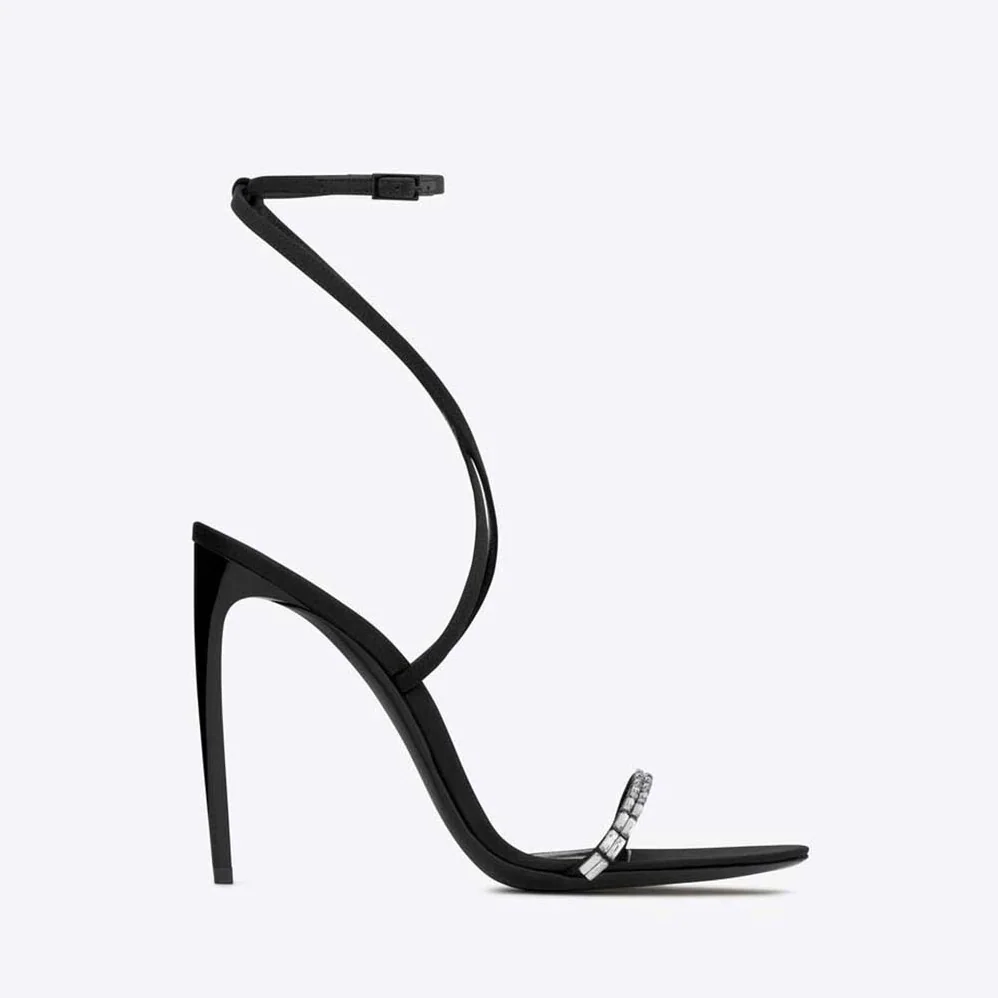 Saint Laurent YSL Gloria Sandals in Crepe Satin with Rhinestones for Women