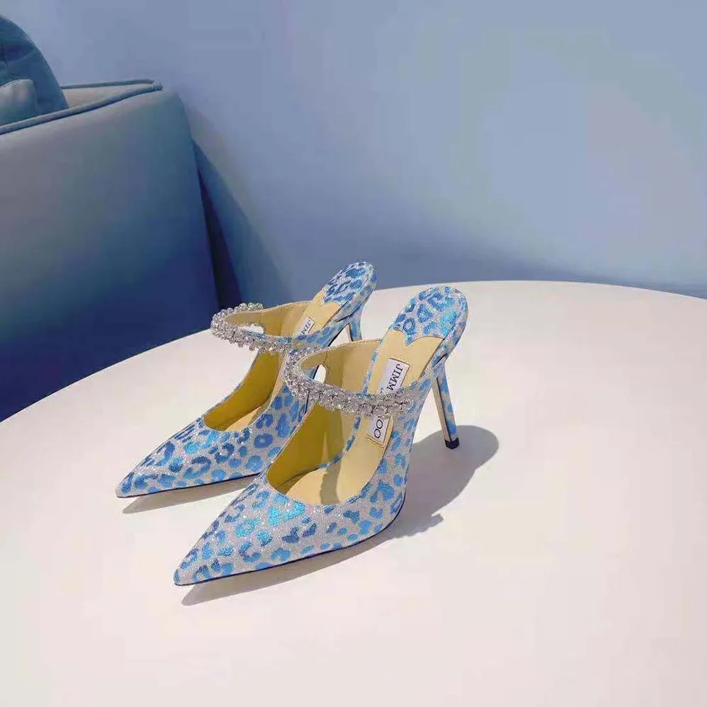 Jimmy Choo Bing 100 Butterfly Blue Leopard Print Glitter Mules with Crystal Strap for Women