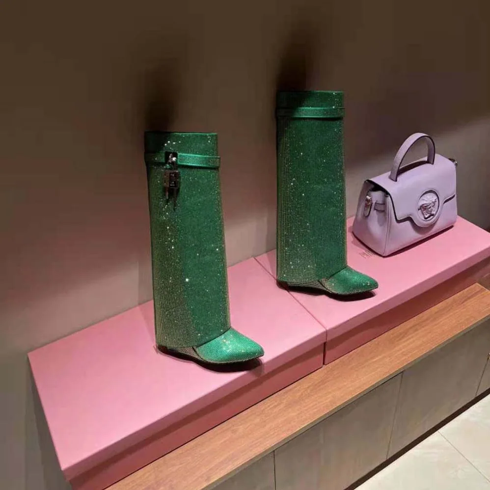Givenchy Shark Lock Boots in Satin with Strass for Women in Green Givenchy Shark Lock Boots in Satin with Strass for Women in Green