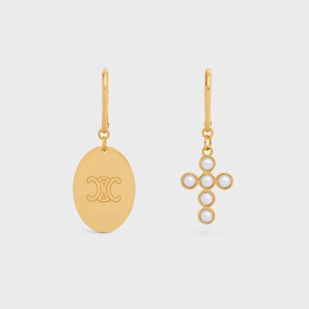 Celine Triomphe Folk Earrings in Brass with Gold Finish and Resin Pearls for Women