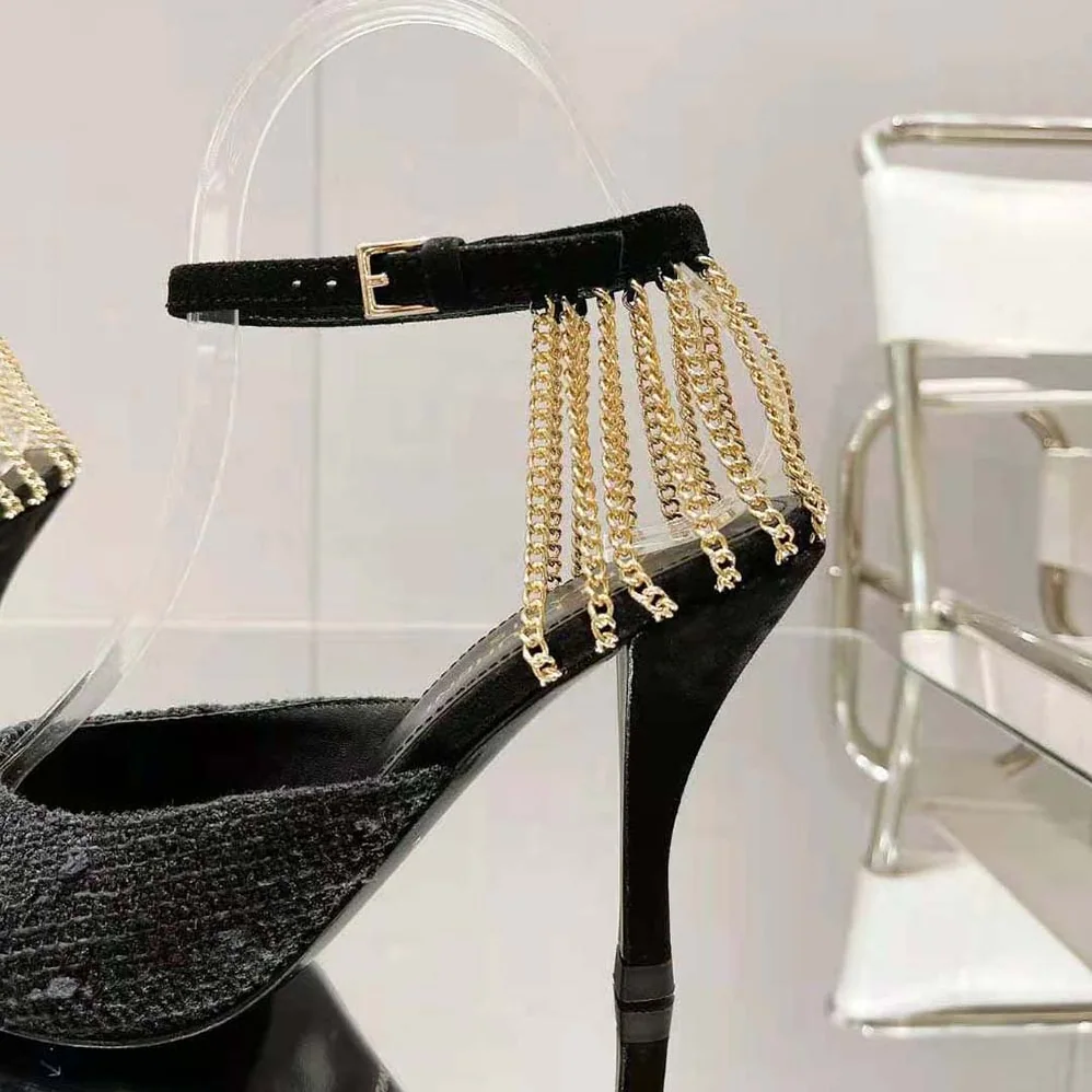 Saint Laurent YSL Sling Chain Pumps in Boucle Tweed for Women Saint Laurent YSL Sling Chain Pumps in Boucle Tweed for Women