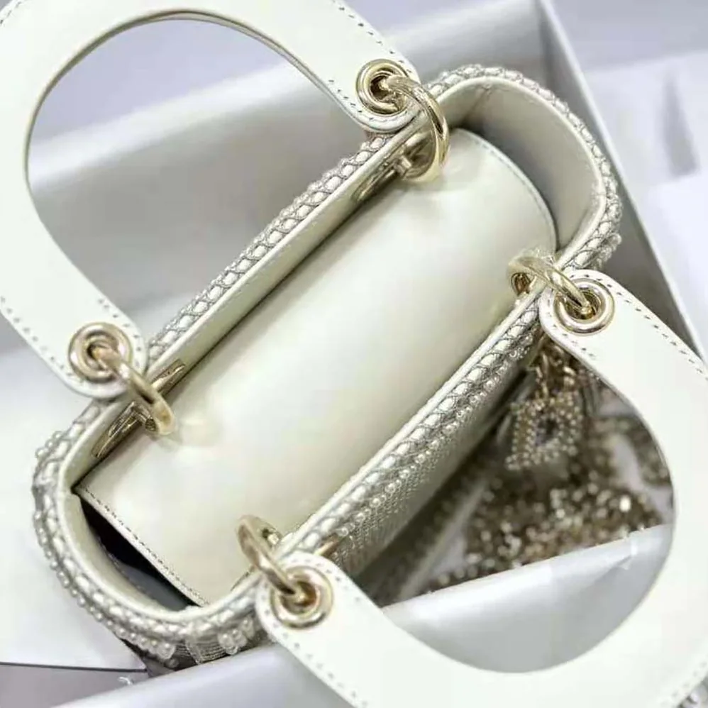 Dior Mini Lady Dior Bag Latte Calfskin Embroidered Entirely with White Resin Pearls for Women