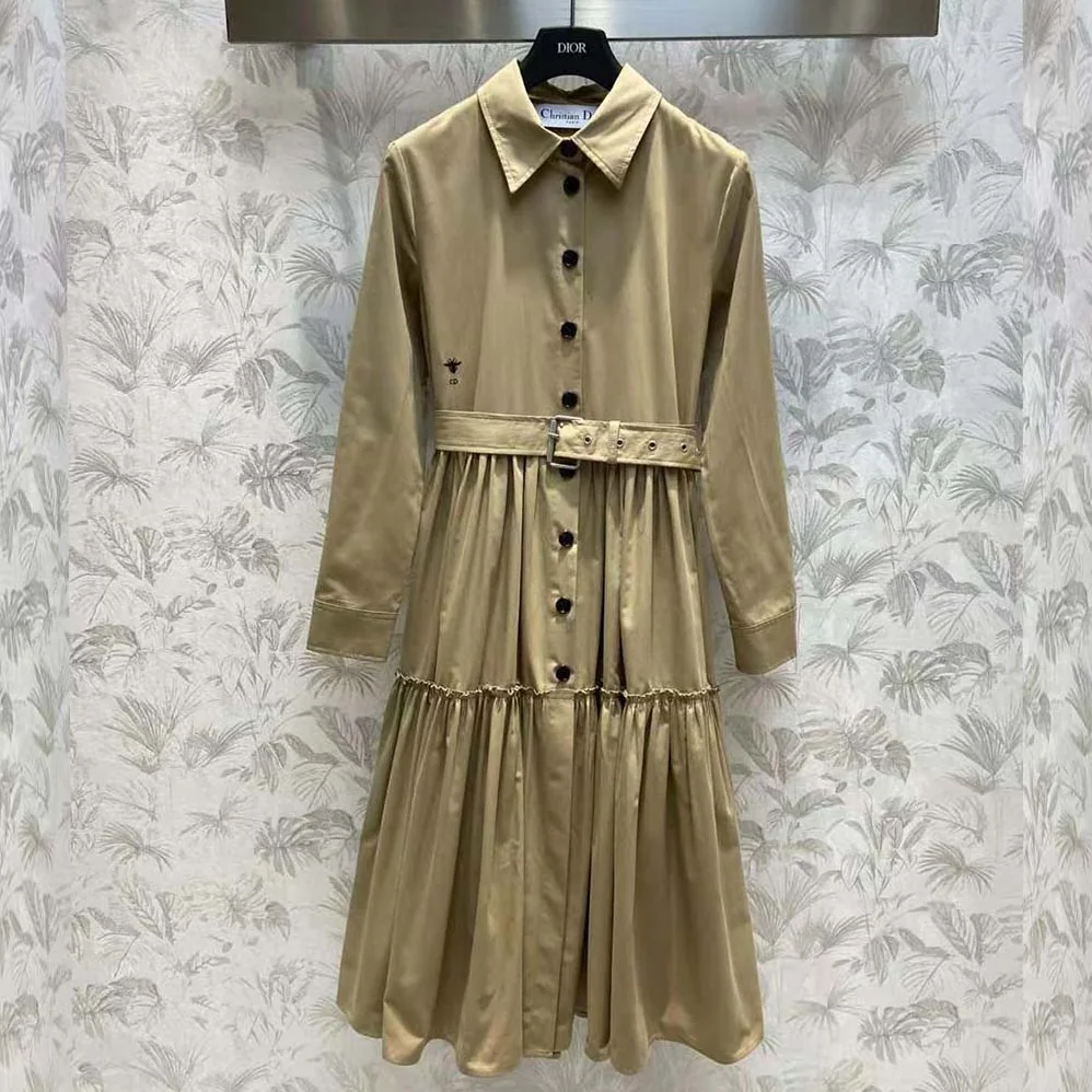 Dior Mid-Length Belted Dress Beige Cotton Gabardine for Women