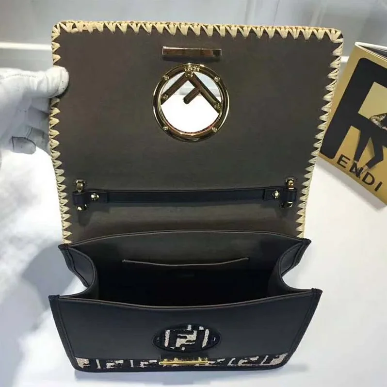 Fendi KAN I F Exotic Black Leather and Raffia Bag for Women Fendi KAN I F Exotic Black Leather and Raffia Bag for Women
