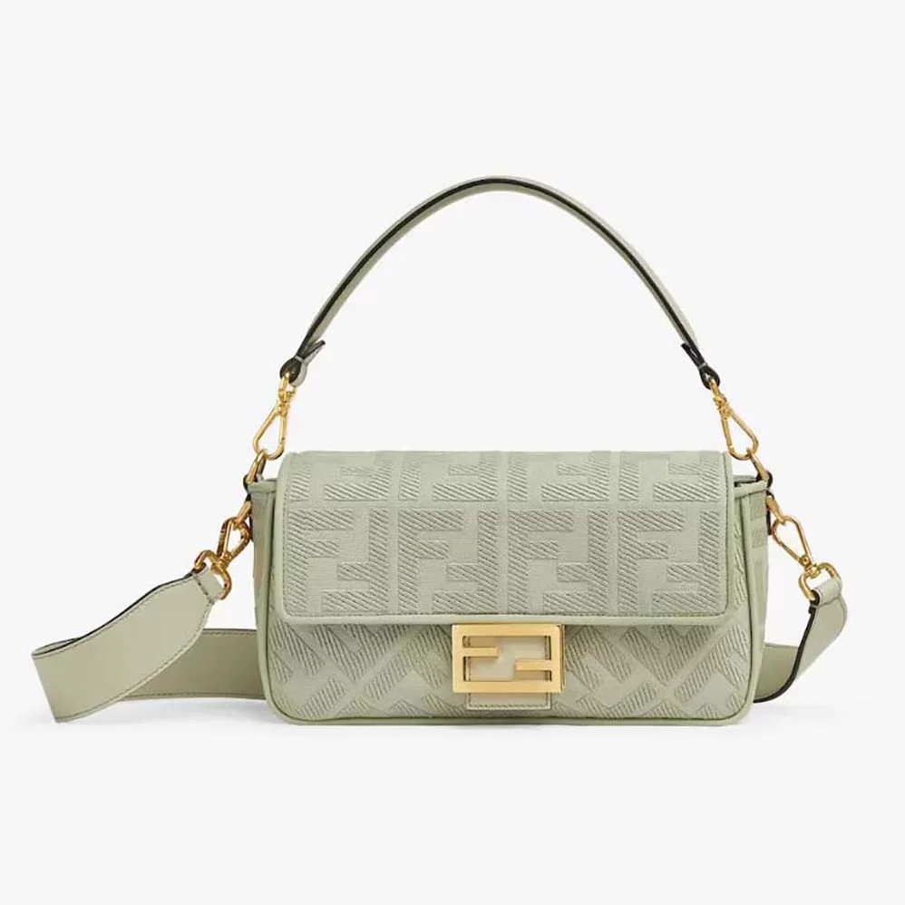 Fendi Baguette Light Green Canvas Bag with FF Embroidery for Women Fendi Baguette Light Green Canvas Bag with FF Embroidery for Women