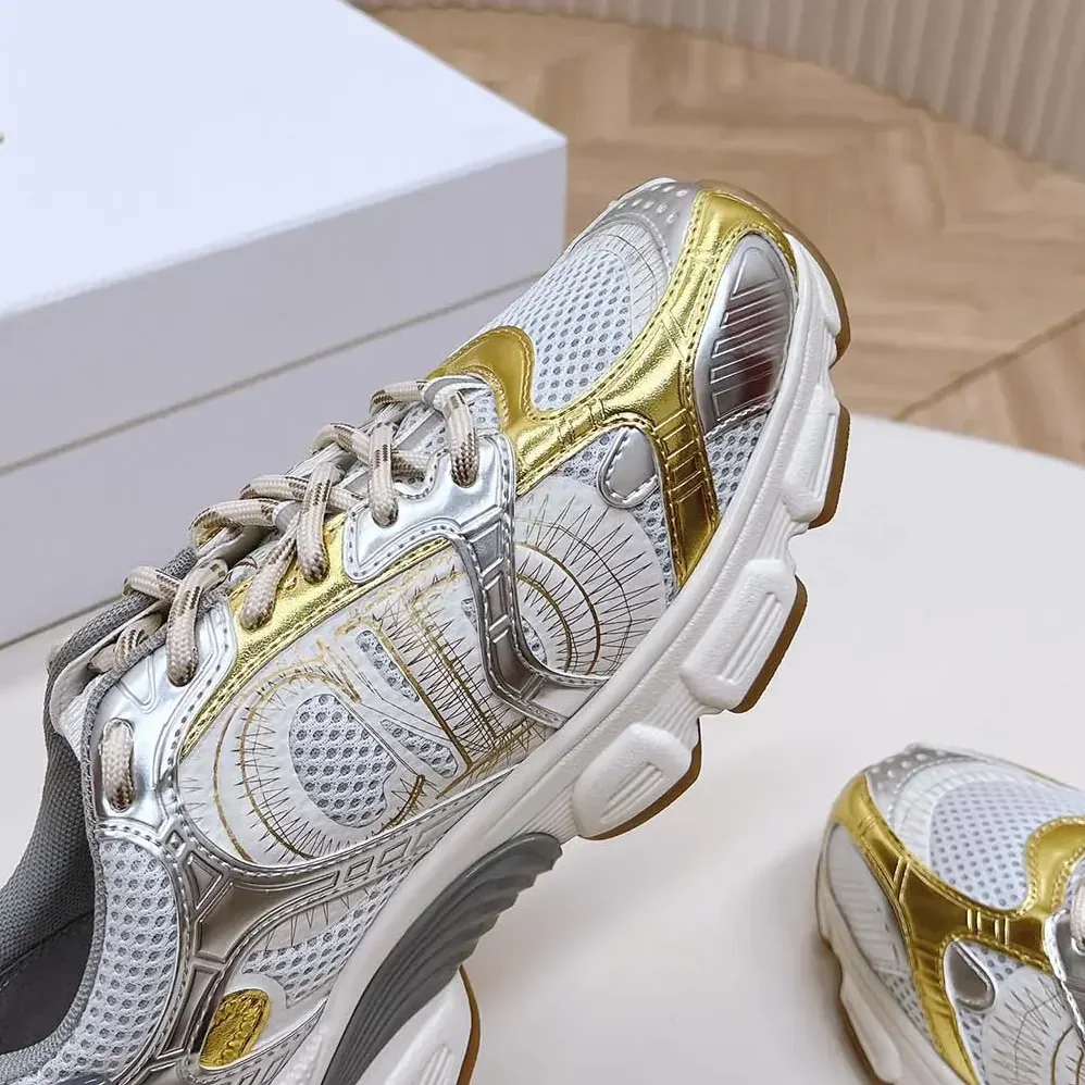 Dior Chrono Sneaker Beige Mesh with Gold-Tone and Silver-Tone Laminated Leather for Women in Effect Panels