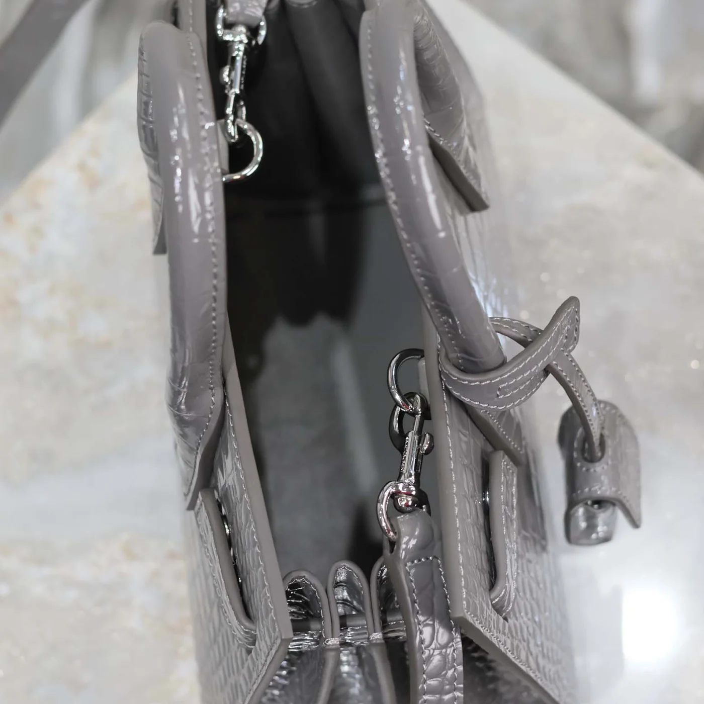Saint Laurent YSL Sac De Jour in Crocodile Embossed Leather Nano for Women in Silver Saint Laurent YSL Sac De Jour in Crocodile Embossed Leather Nano for Women in Silver