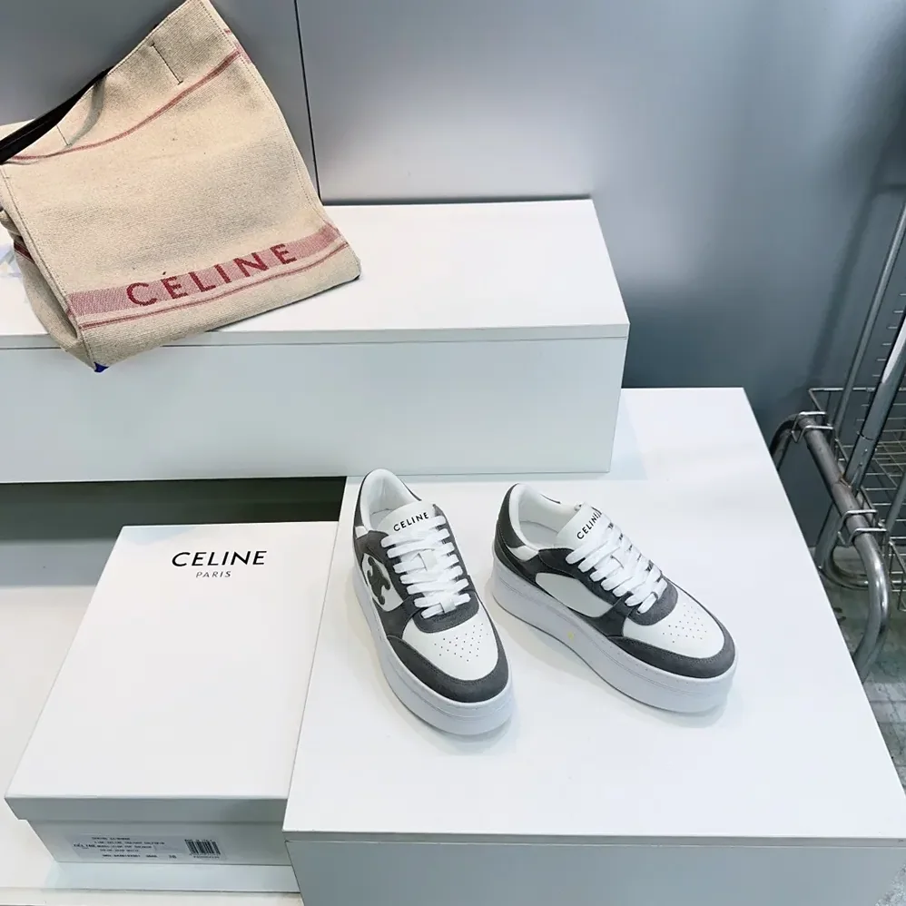 Celine Block Wedge Sneaker With Triomphe Patch In Calfskin And Suede Calfskin for Women in Gray Celine Block Wedge Sneaker With Triomphe Patch In Calfskin And Suede Calfskin for Women in Gray