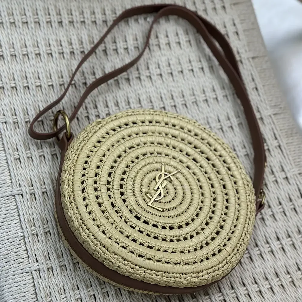 Saint Laurent YSL Round Bag in Raffia and Vegetable for Women in Tanned Leather Saint Laurent YSL Round Bag in Raffia and Vegetable for Women in Tanned Leather