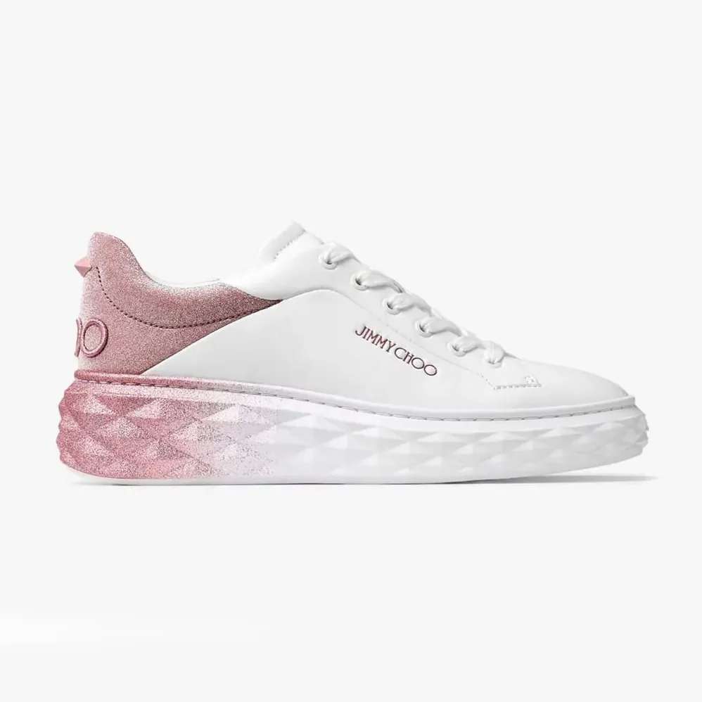 Jimmy Choo Diamond Maxi/F II White & Rose Nappa Leather Glitter Trainers for Women Jimmy Choo Diamond Maxi/F II White & Rose Nappa Leather Glitter Trainers for Women