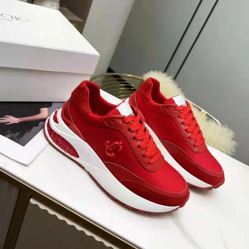Jimmy Choo Memphis Lace UP/F Red Neoprene and Leather Low Top Trainers for Women Jimmy Choo Memphis Lace UP/F Red Neoprene and Leather Low Top Trainers for Women