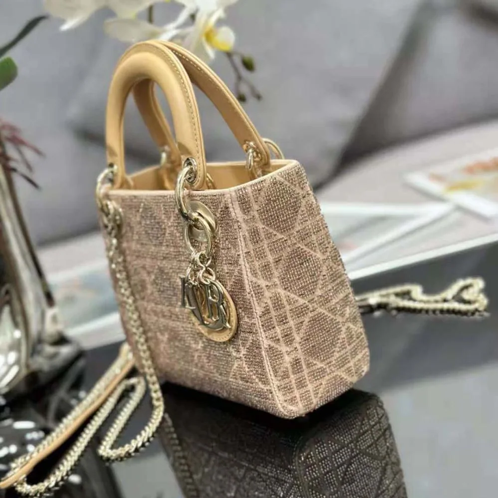 Dior Mini Lady D-joy Bag Caramel Beige Cannage Cotton Embroidered with Micropearls for Women