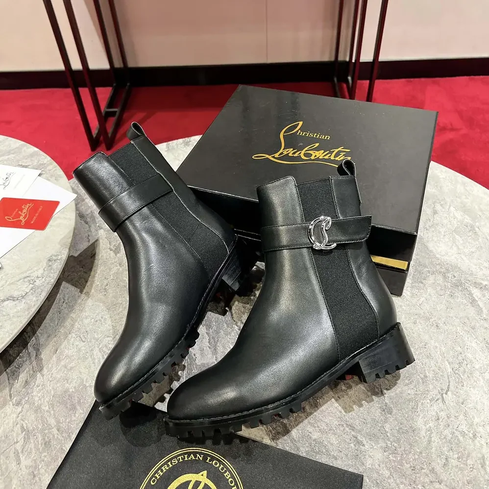 Christian Louboutin CL Chelsea Booty Lug Low Boots Calf Leather for Women in Black