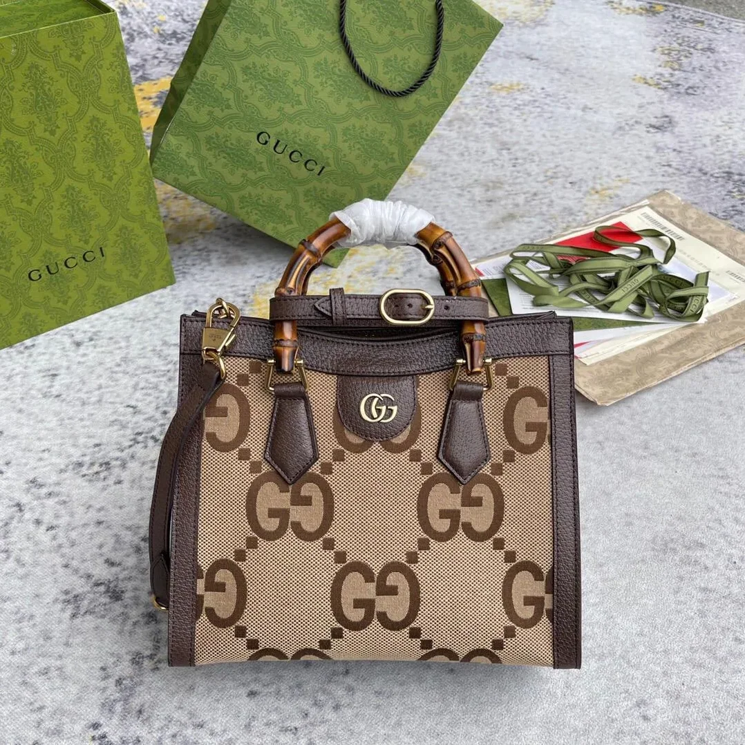 Gucci Diana Jumbo GG Small Tote Bag Camel And Ebony Jumbo GG Canvas Brown /