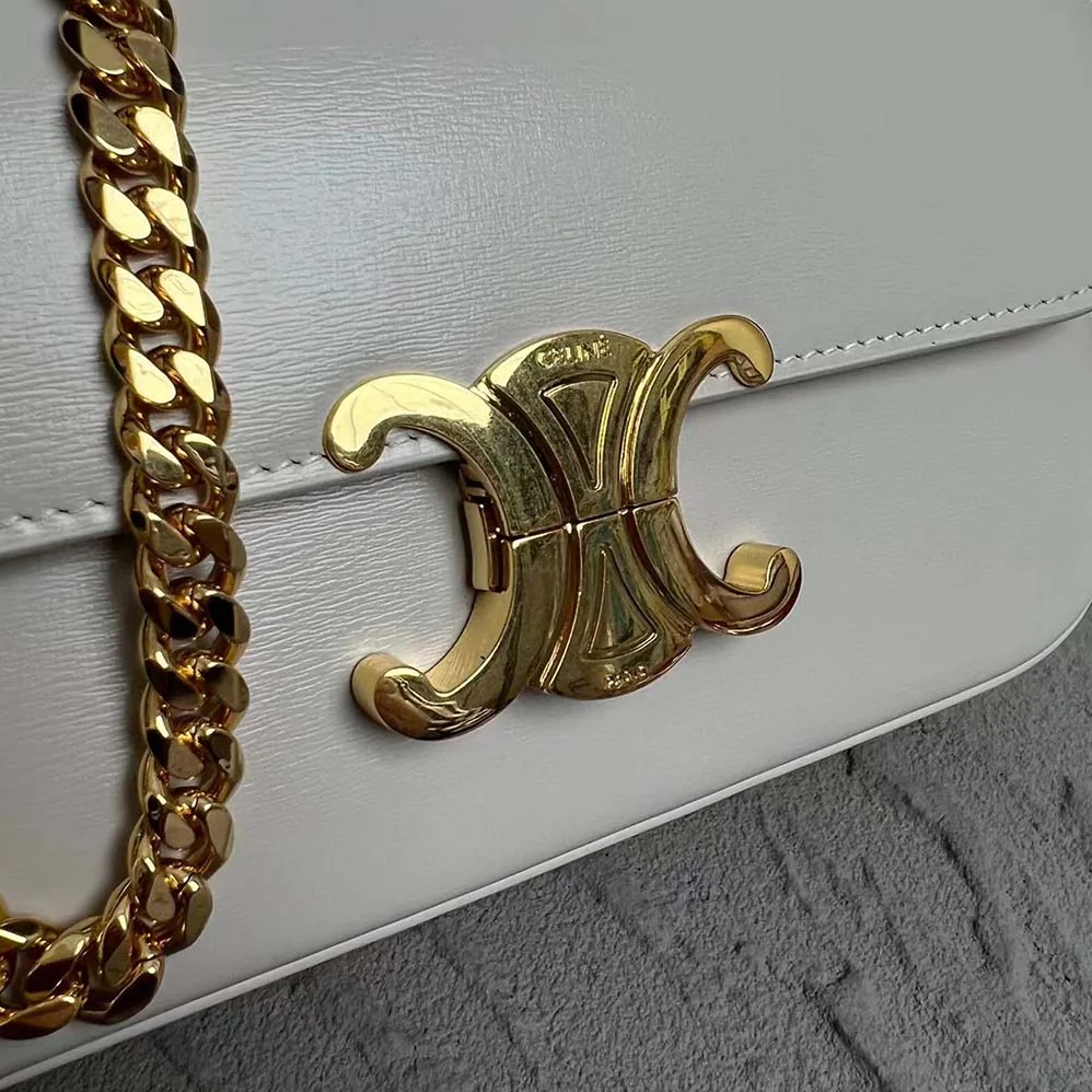 Celine Chain Shoulder Bag Triomphe in Shiny Calfskin for Women in White Celine Chain Shoulder Bag Triomphe in Shiny Calfskin for Women in White