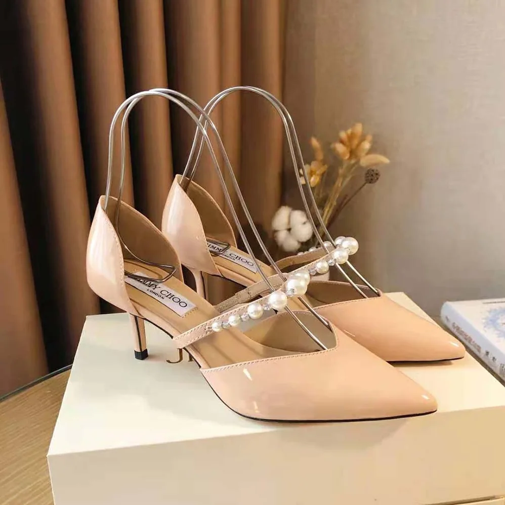 Jimmy Choo Aurelie 85 Ballet Pink Patent Leather Pointed Pumps with Pearl Embellishment for Women