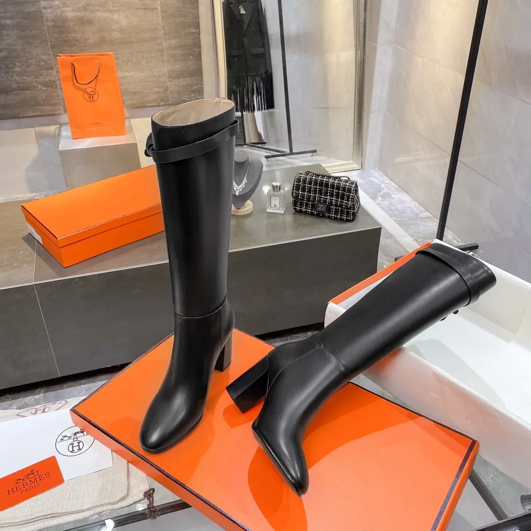 Hermes High Heel Boots Black /