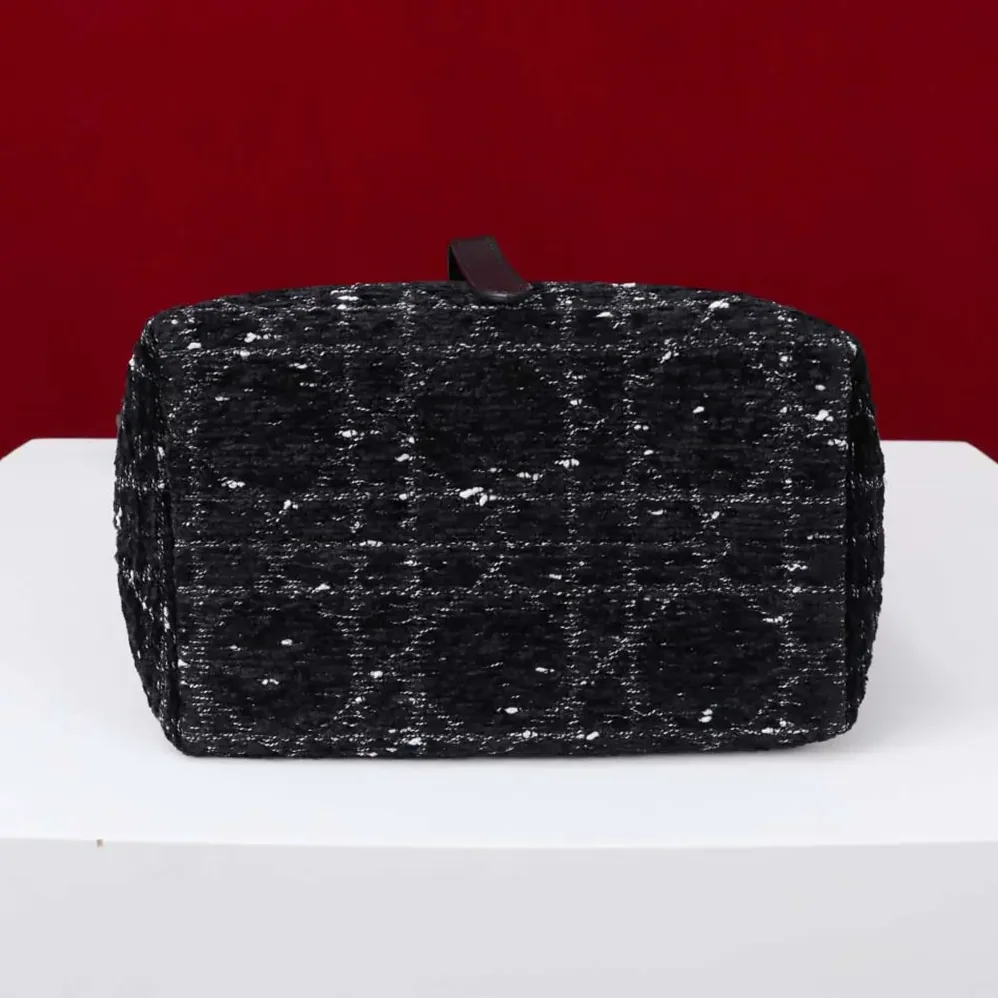 Dior Small Dior Toujours Vertical Tote Bag Black Tweed with White Cannage Motif for Women