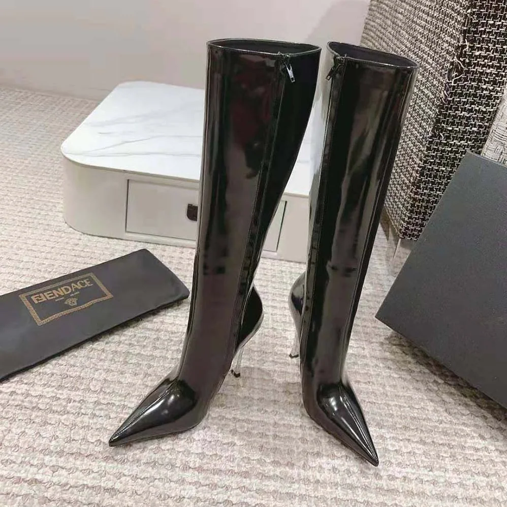Versace Pin-point Knee-high Boots-105 mm Heel Height for Women in Black Versace Pin-point Knee-high Boots-105 mm Heel Height for Women in Black