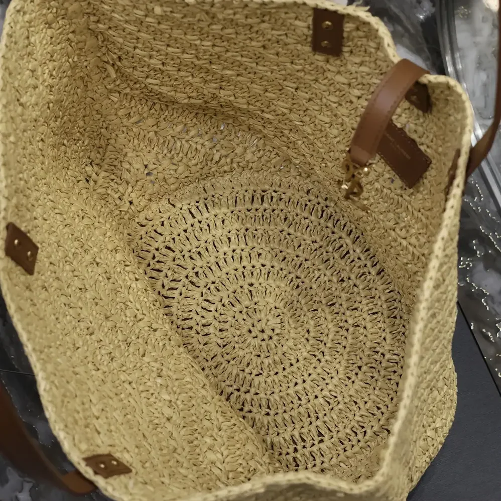 Saint Laurent YSL Panier Medium in Raffia and Vegetable for Women in tanned Leather Saint Laurent YSL Panier Medium in Raffia and Vegetable for Women in tanned Leather