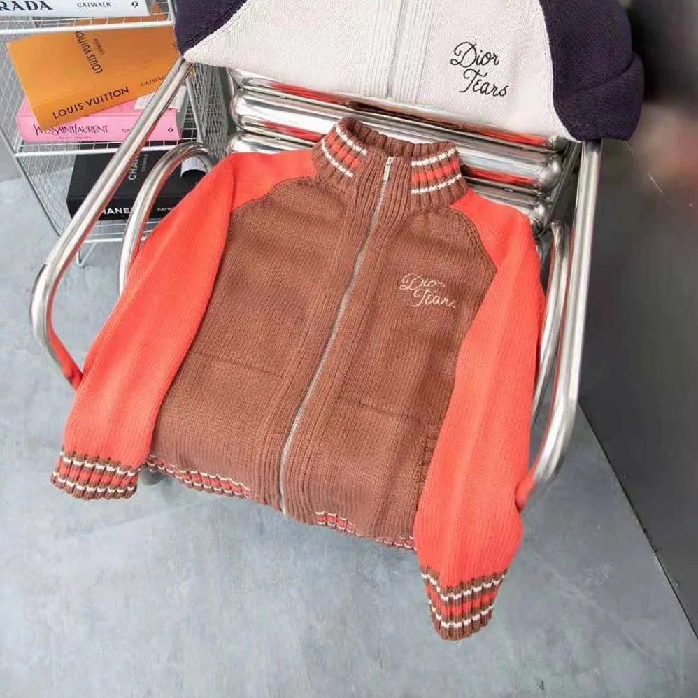 Dior Tears Zipped Blouson Brown and Red Wool and Cashmere Jersey for Men
