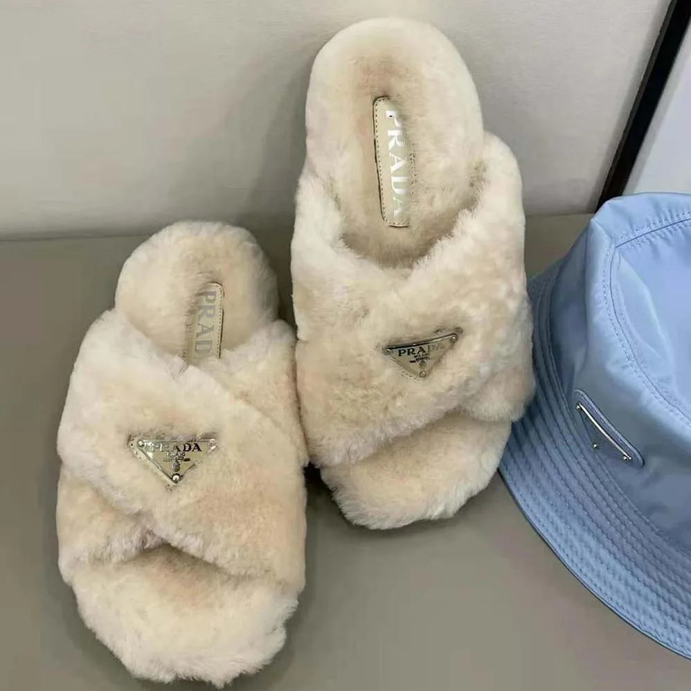 Prada Shearling Sandals in 20mm Heel for Women in Sandy