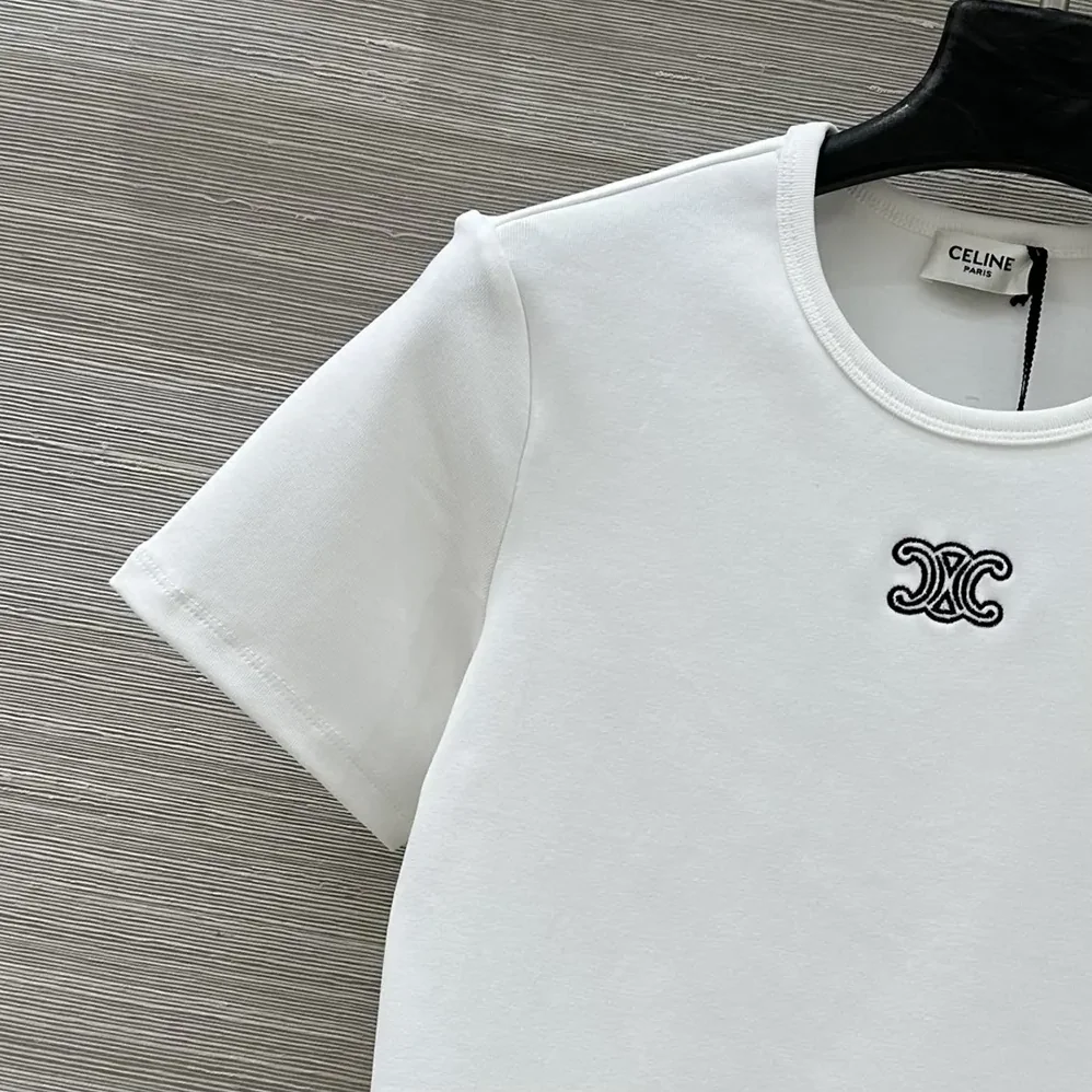 Celine Triomphe T-Shirt In Ribbed Cotton Jersey for Women in White Celine Triomphe T-Shirt In Ribbed Cotton Jersey for Women in White