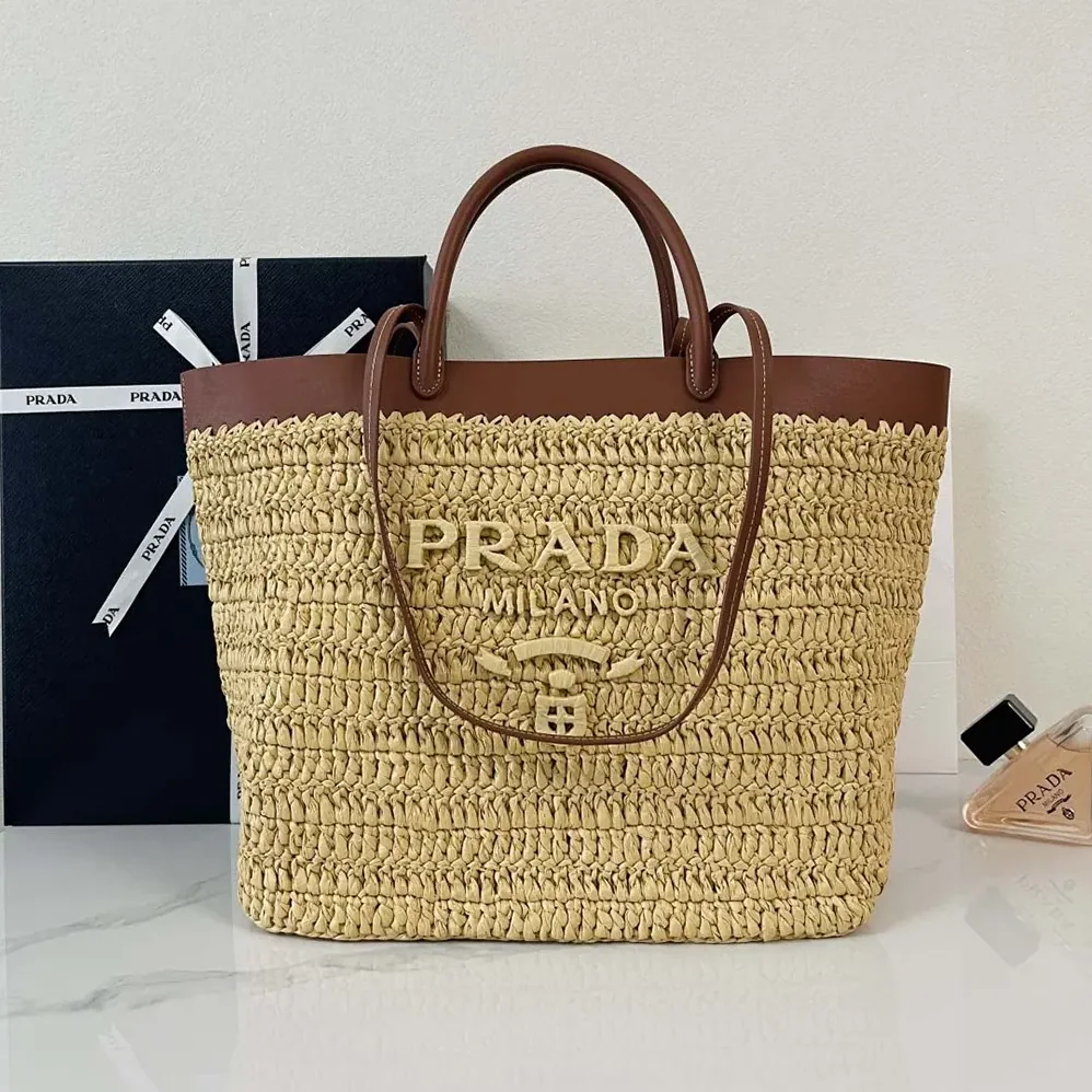 Prada Medium Crochet and Leather Tote Bag for Women in Brown Prada Medium Crochet and Leather Tote Bag for Women in Brown