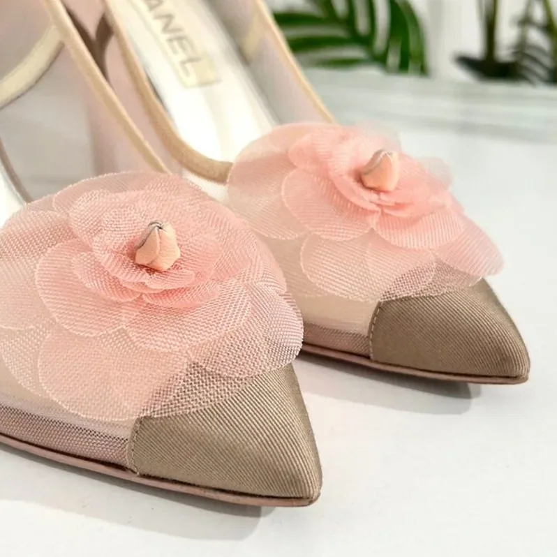 Chanel Mesh Camellia Heels Pink