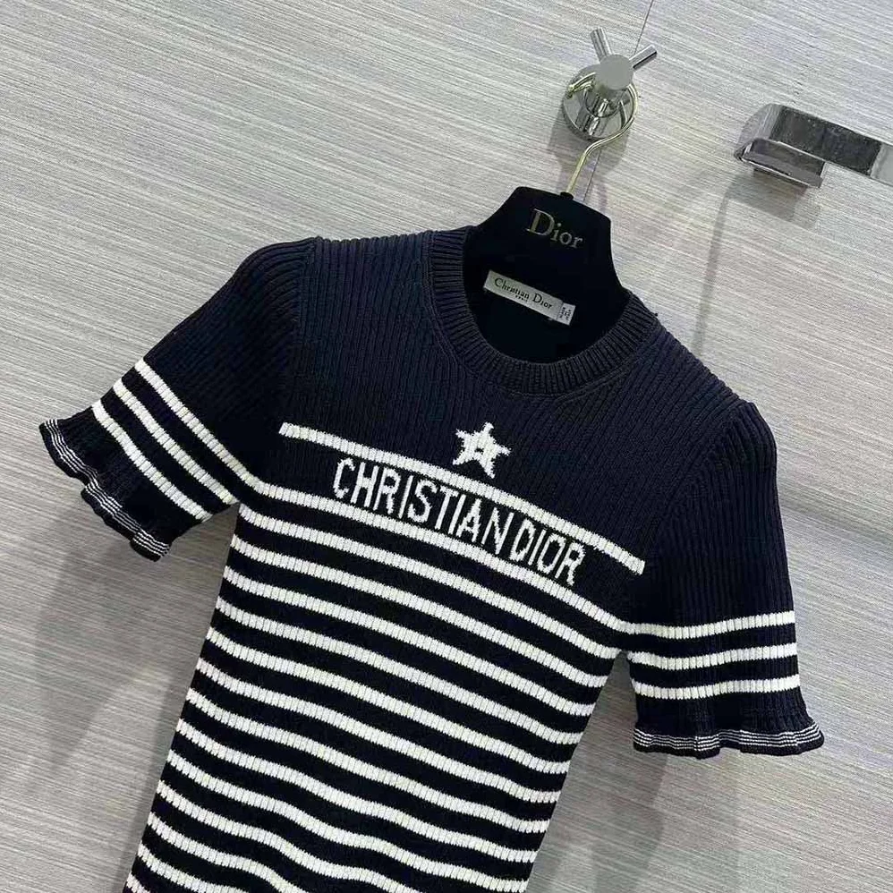 Dior Short-Sleeved Sweater Navy Blue and White Cotton Ribbed Knit with Signature for Women