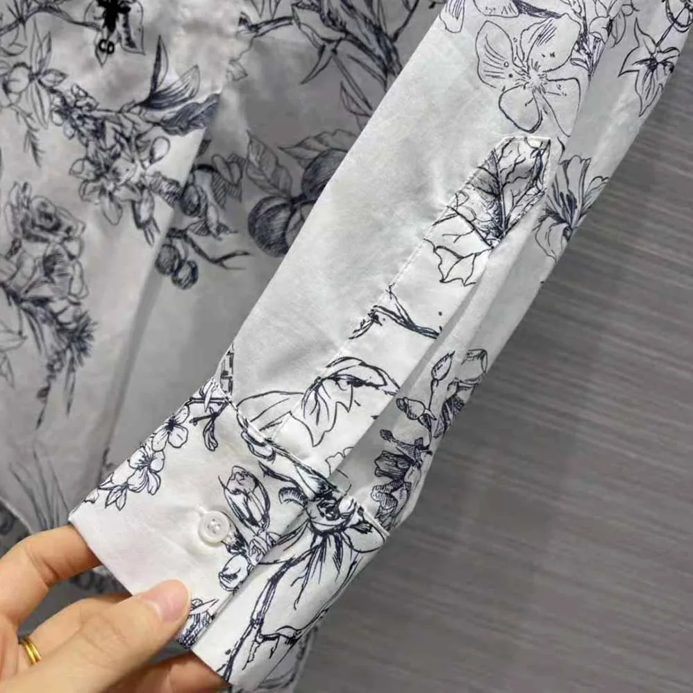 Dior Long Blouse Navy Blue Cotton Voile with Toile de Jouy Flowers Motif for Women