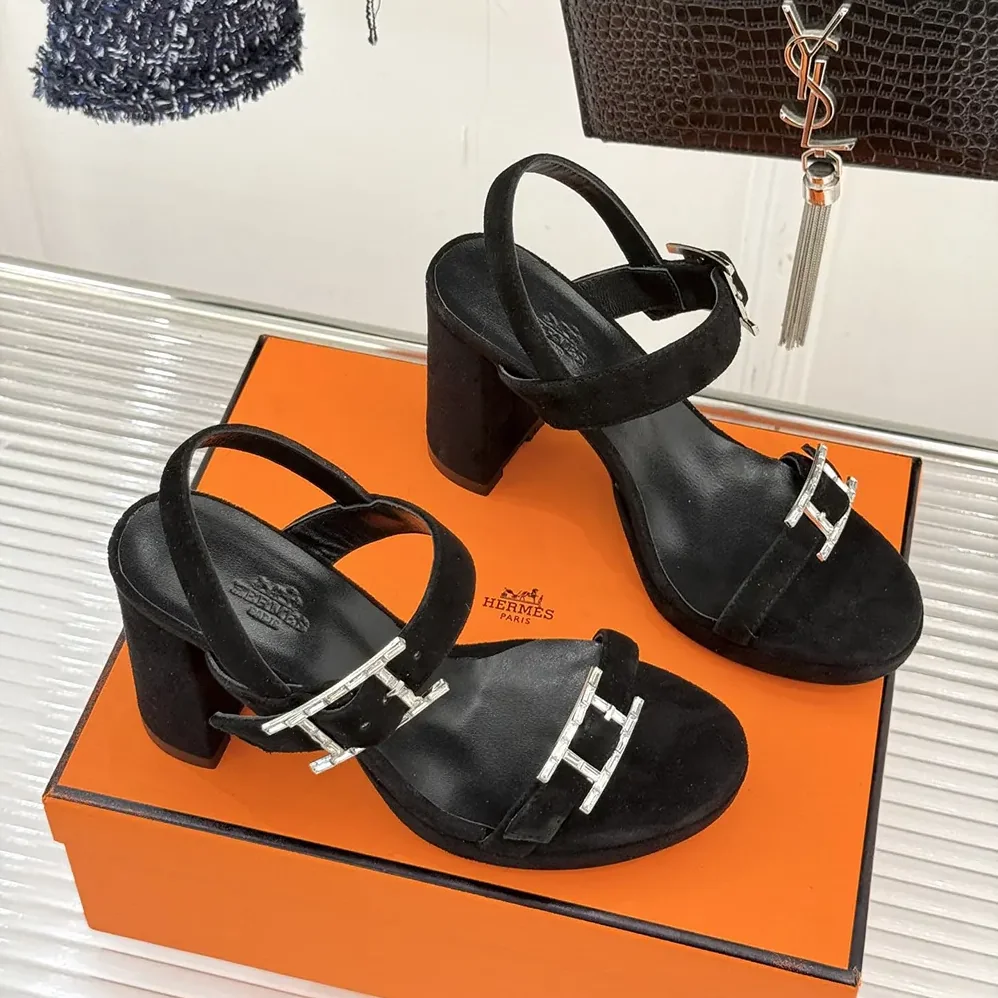 Hermes Bossa Sandal in Velvet Featuring a Hapi Buckle for Women in Black Hermes Bossa Sandal in Velvet Featuring a Hapi Buckle for Women in Black