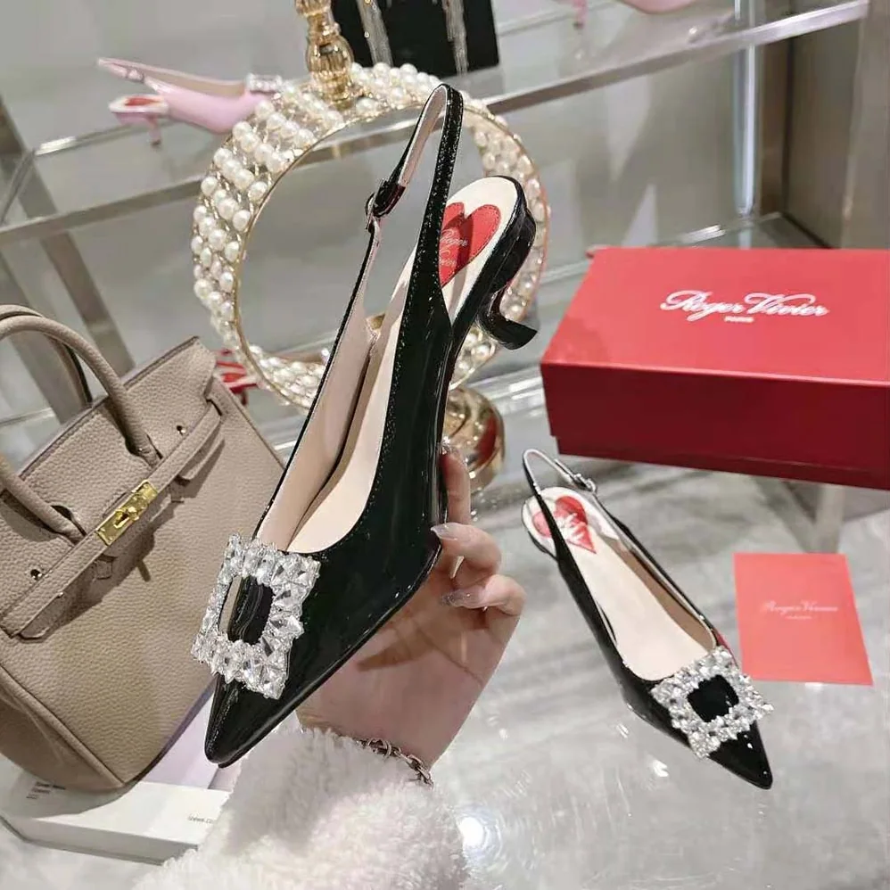 Roger Vivier Virgule Strass Buckle Slingback Pumps in Patent Leather for Women in Black Roger Vivier Virgule Strass Buckle Slingback Pumps in Patent Leather for Women in Black