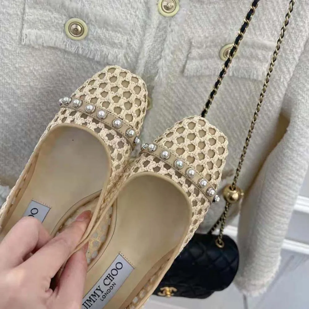 Jimmy Choo Hya 45 Barley Woven Raffia Slingbacks with Pearl Studs for Women