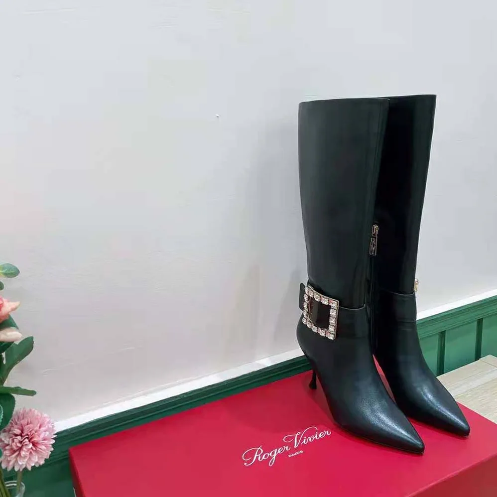Roger Vivier Pointy Strass Buckle Boots in Leather for Women