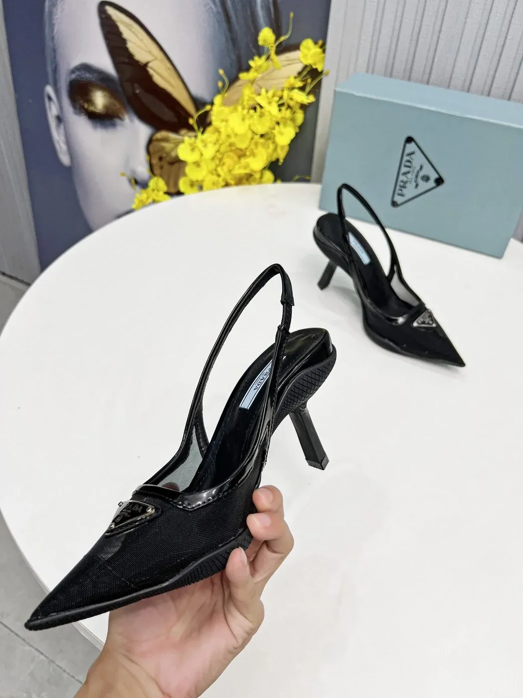 Prada Mesh Fabric Slingback Pumps Black