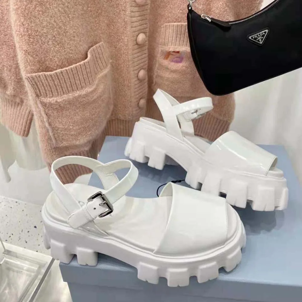 Prada Monolith Brushed Leather Sandals in 55mm Heel for Women in White