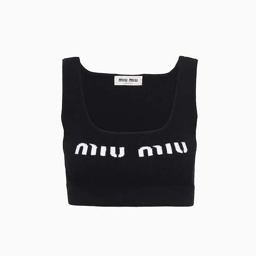 Miu Miu Viscose Top with Intarsia Logo for Women in Black