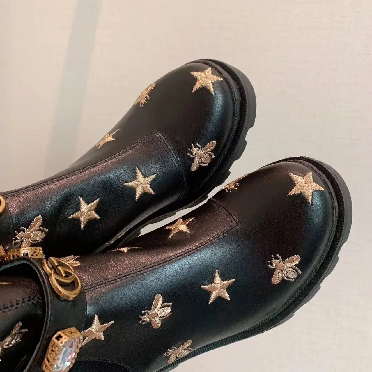 Gucci Star And Bee Embroidered Trip Ankle Boots Black