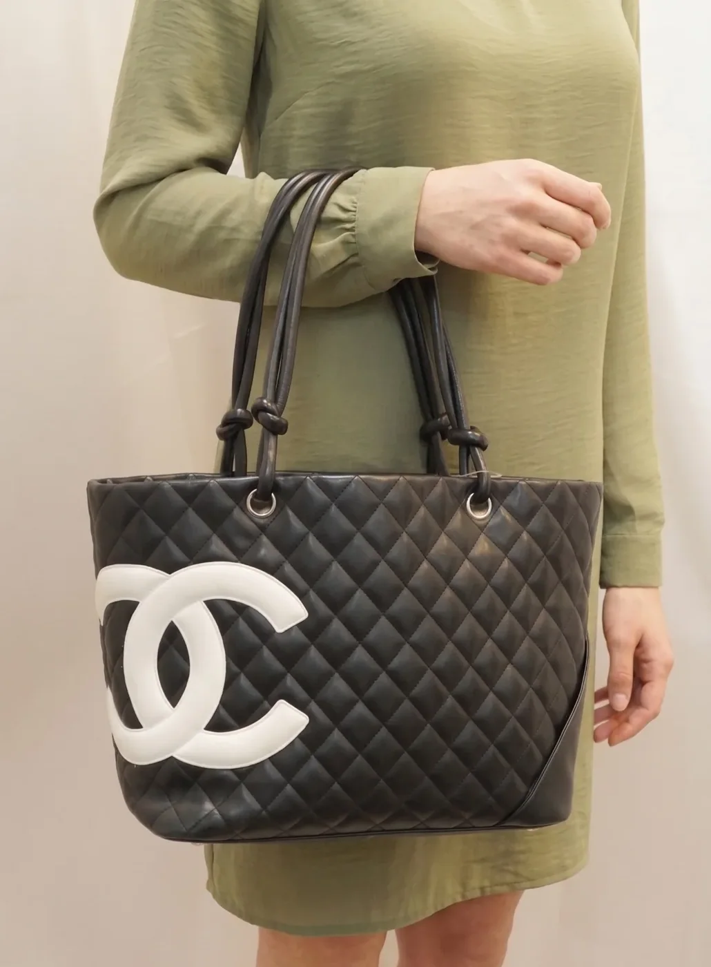 Chanel Cambon Ligne Large Tote Bag in Black/ White Silver Hardware
