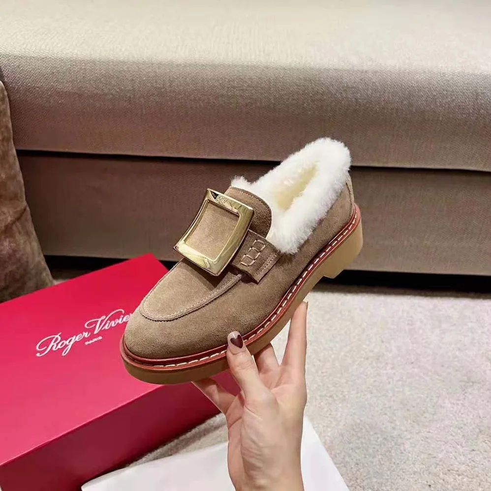 Roger Vivier Viv' Rangers Metal Buckle Fur Loafers for Women Roger Vivier Viv' Rangers Metal Buckle Fur Loafers for Women