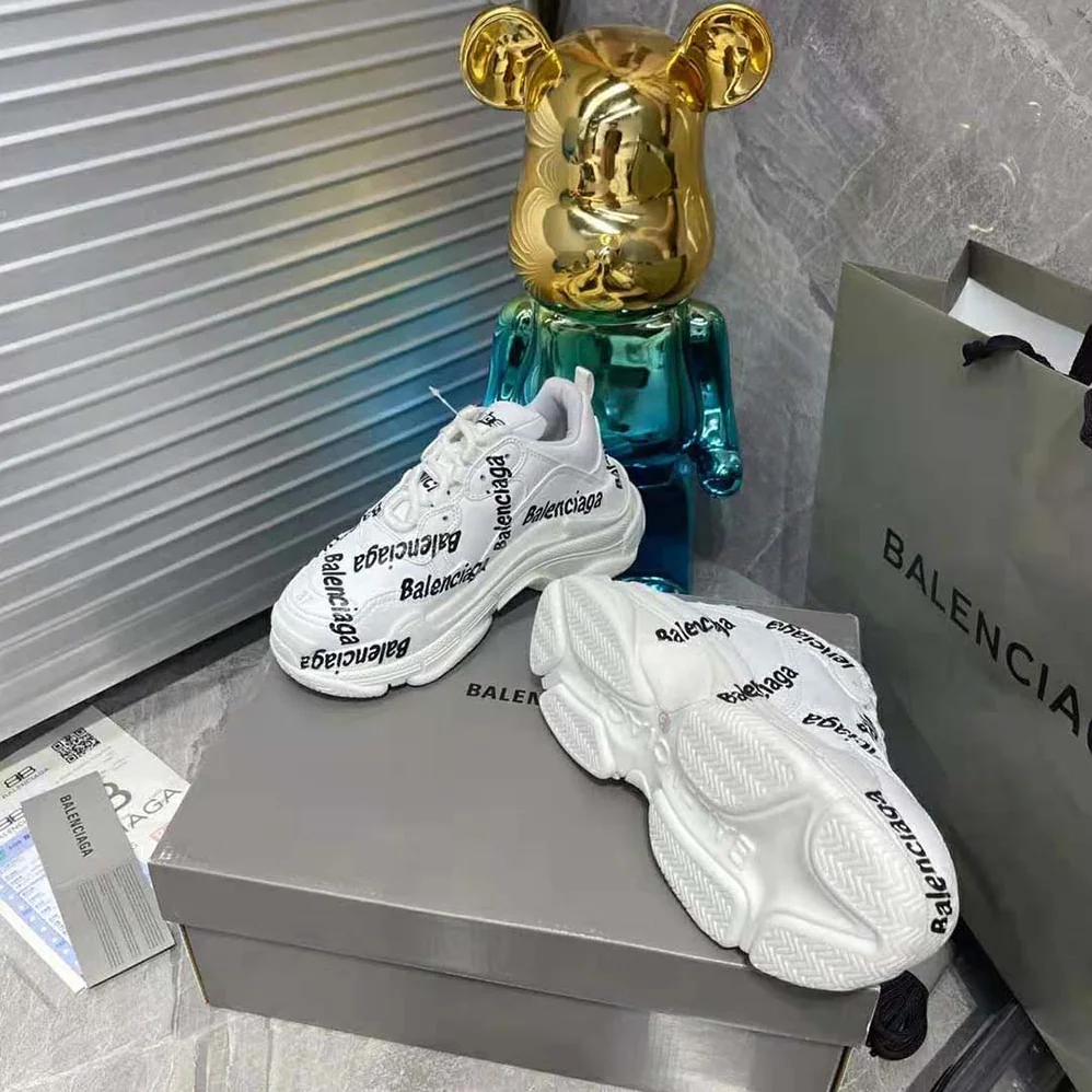 Balenciaga Triple S Logotype Sneaker in White and Black Technical Material for Women