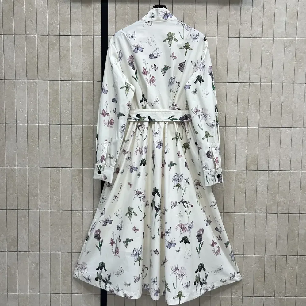 Dior Mid-Length Belted Shirtdress Beige Silk Twill with Multicolor Butterflies & Iris Motif for Women