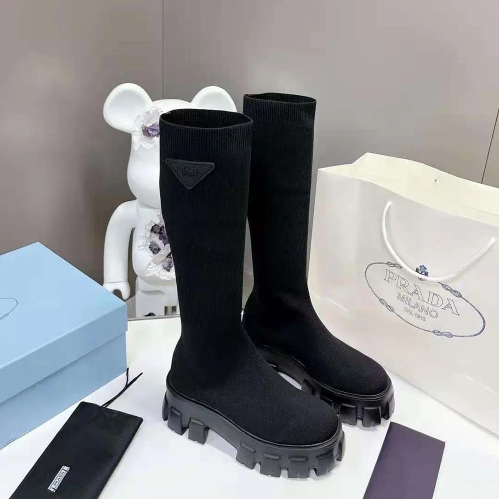 Prada Monolith Knit Boots with Embossed Rubber Triangle Logo for Women Prada Monolith Knit Boots with Embossed Rubber Triangle Logo for Women